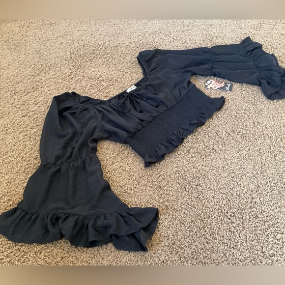 NWT! Black Boho Wide Flutter Sleeve Crop Smock Top/Blouse, 1970’s, Stevie Nicks - Picture 2 of 11